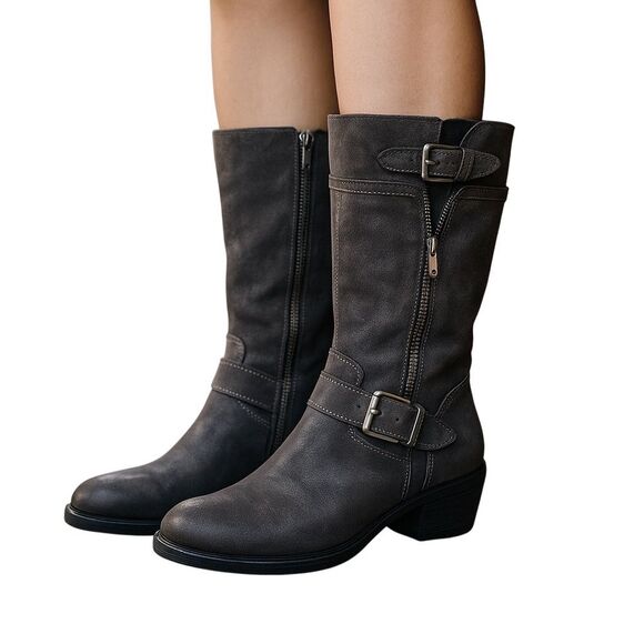 Fergie Leather Mid Calf Moto Boots Buckle Zipper Detail Women SZ 9 Square Heel - Picture 1 of 9